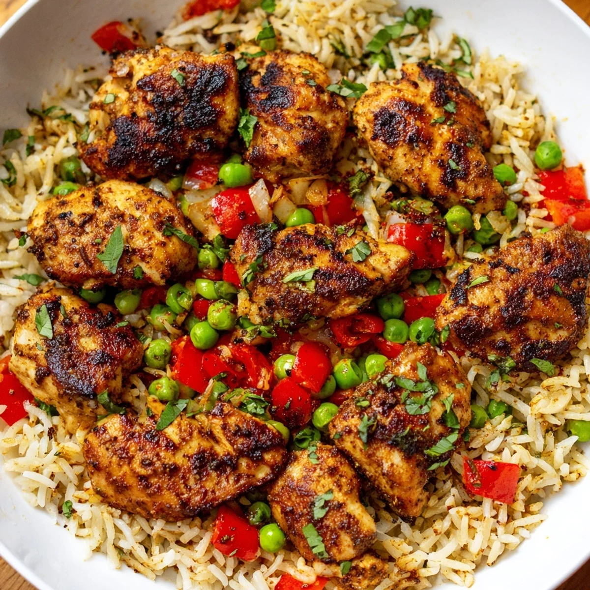 Golden jerk chicken thighs nestled in fragrant coconut rice with peppers and cilantro