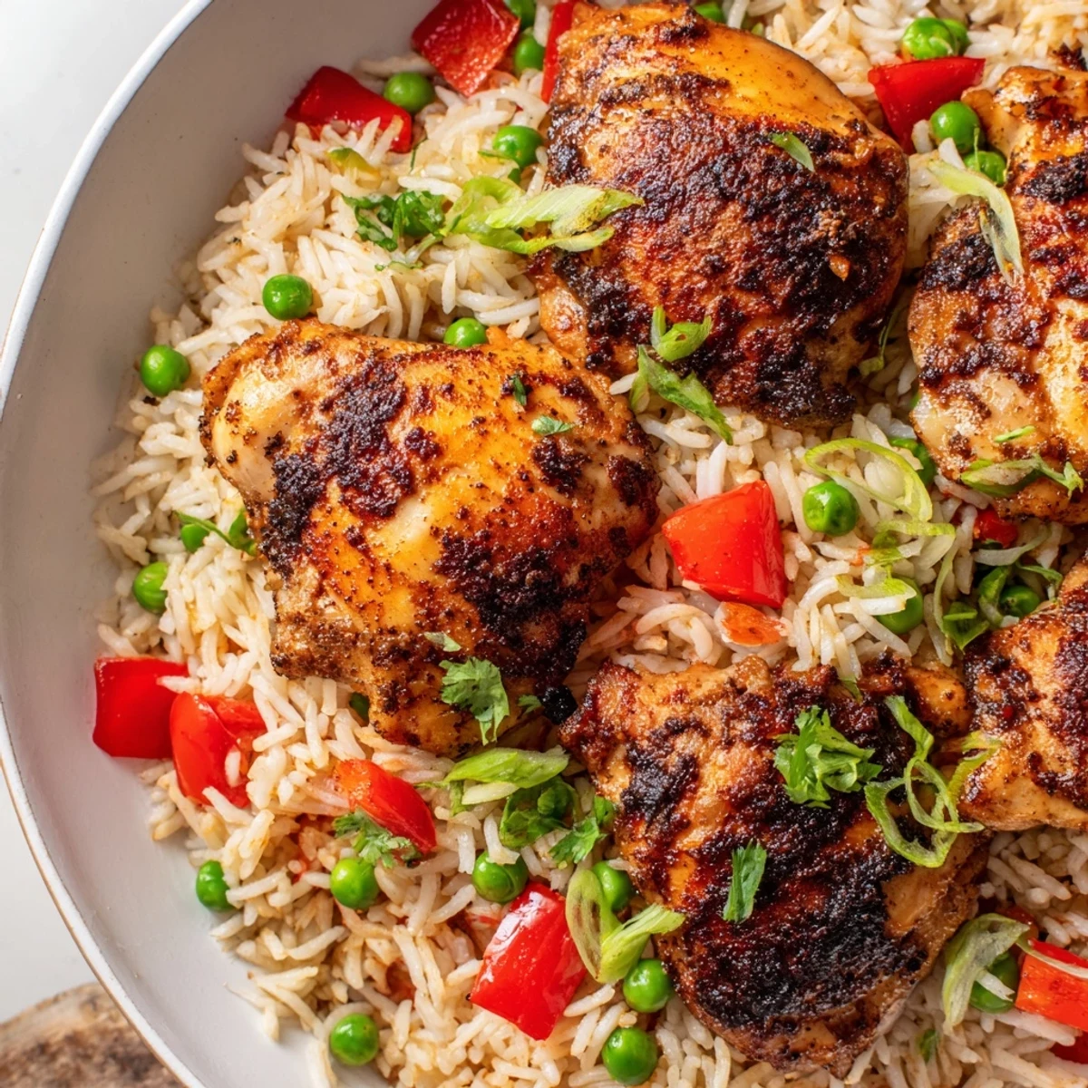 Spicy jerk chicken rice steaming in a skillet topped with fresh spring onions