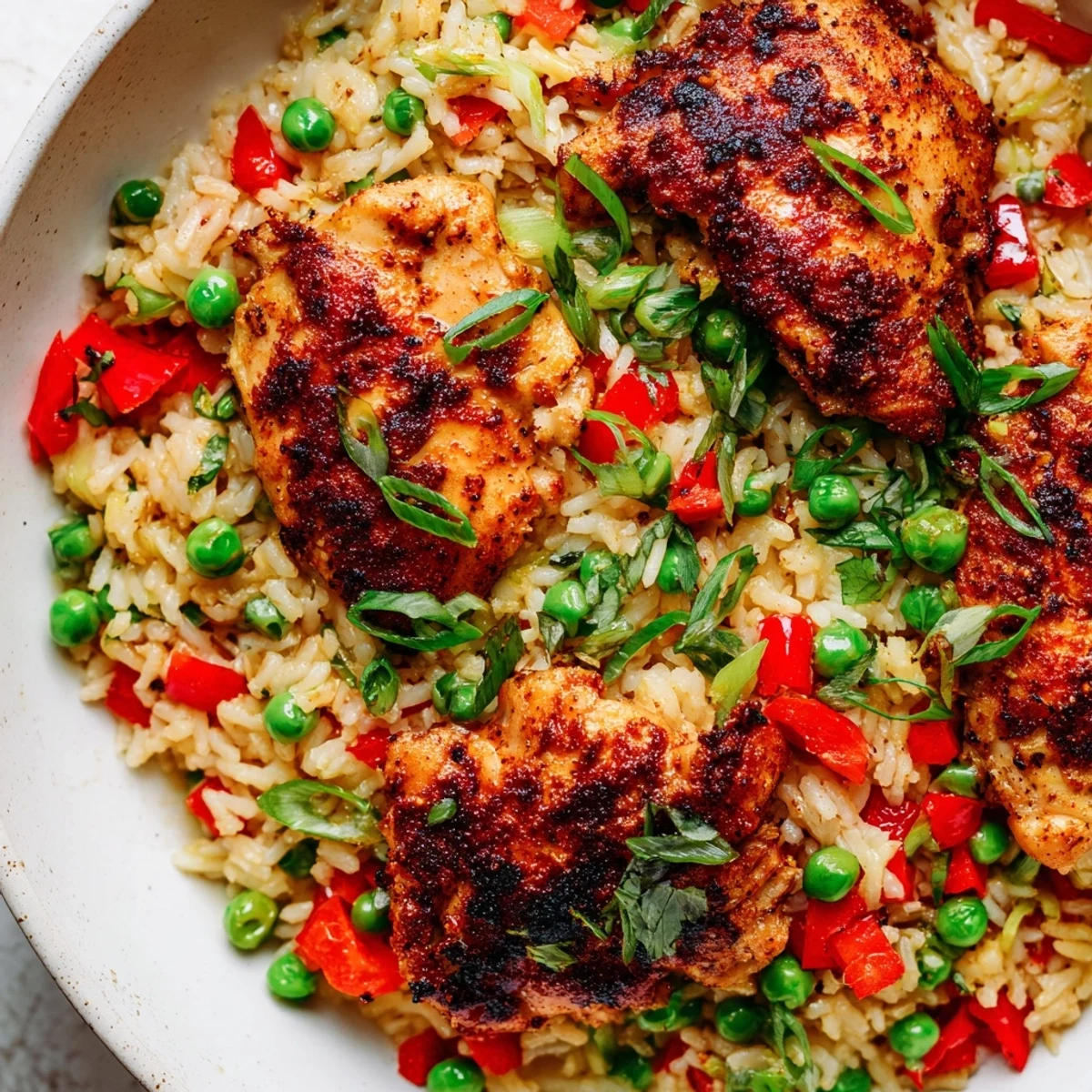 A close-up of jerk chicken rice garnished with cilantro and lime wedges