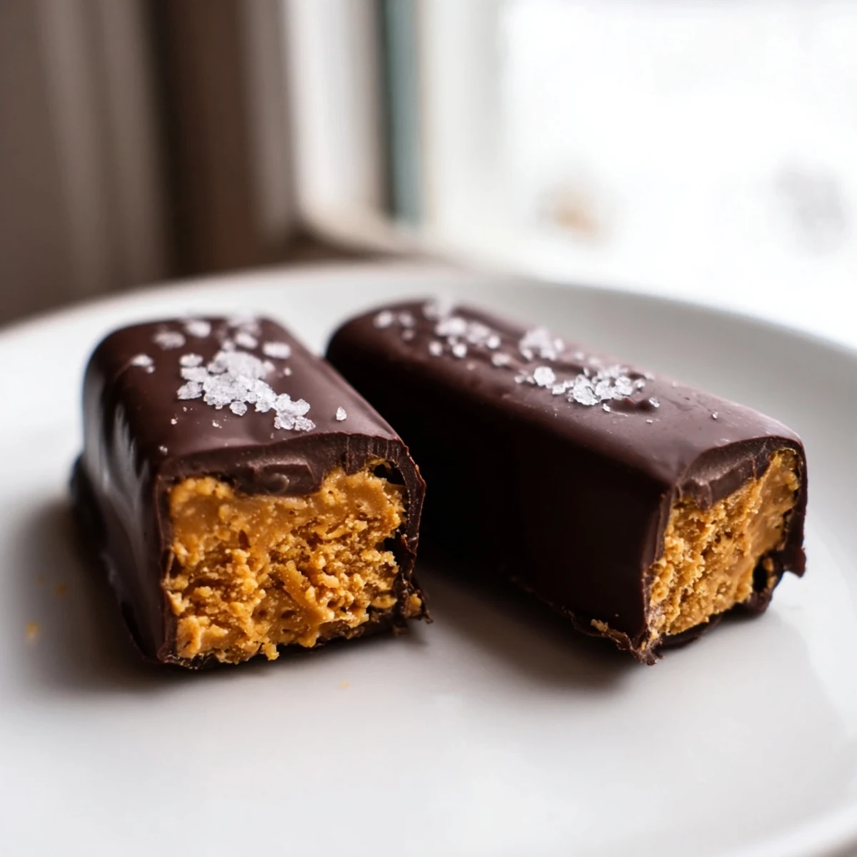 Healthy homemade Butterfingers with a crunchy peanut butter center dipped in glossy dark chocolate