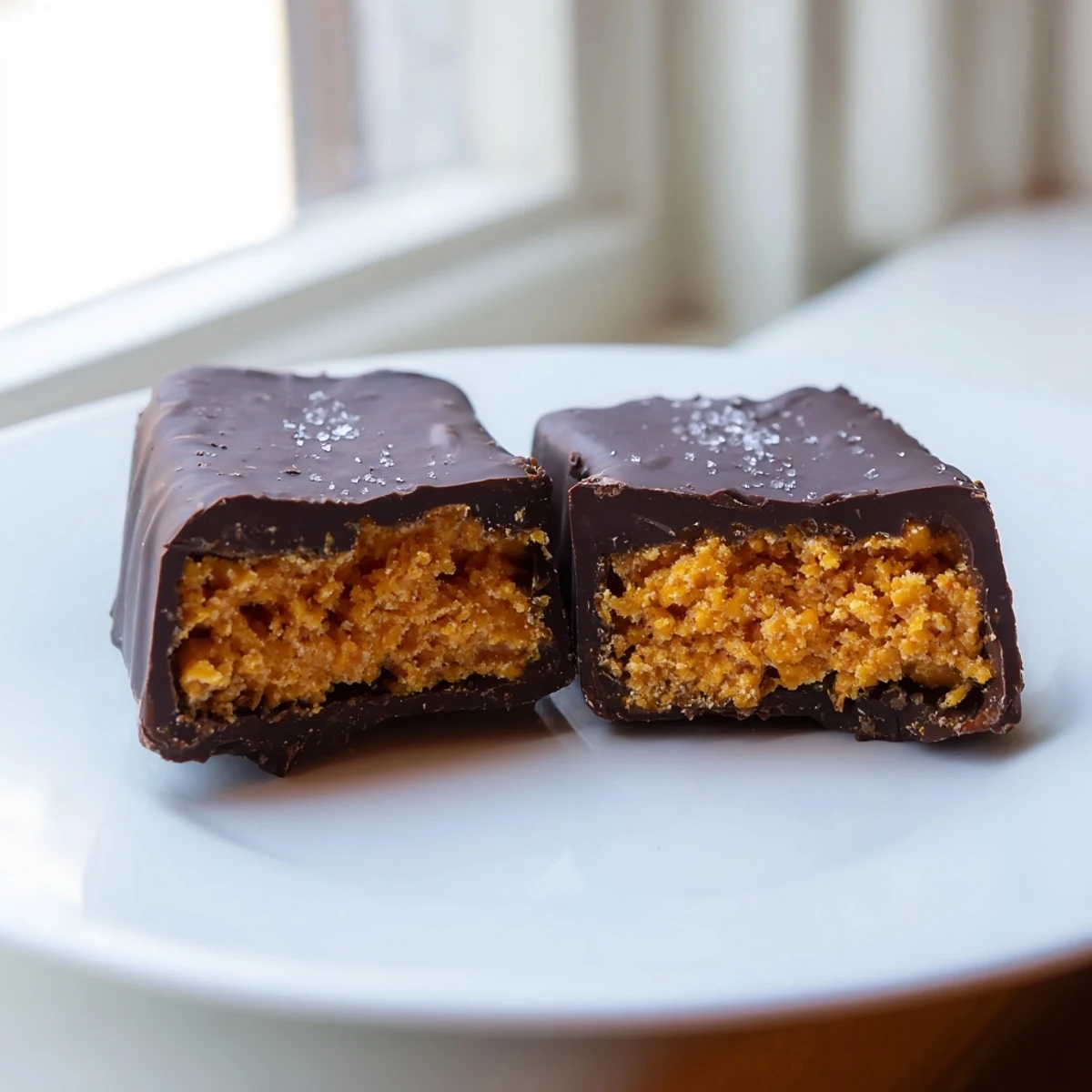 Crisp no-bake healthy homemade Butterfingers cut into neat squares ready for chocolate dipping