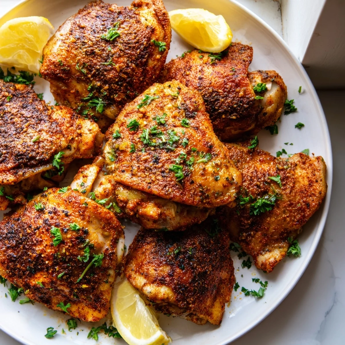 Crispy golden oven baked chicken thighs with smoky paprika seasoning on a foil-lined baking sheet