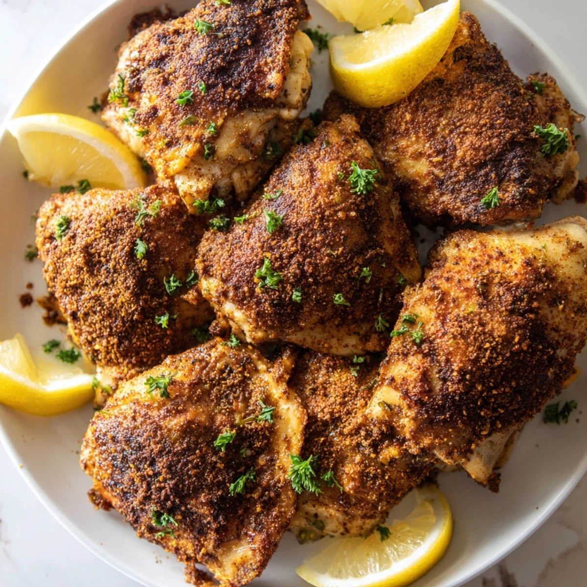 Juicy oven baked chicken thighs garnished with fresh parsley and bright lemon wedges on a rustic platter