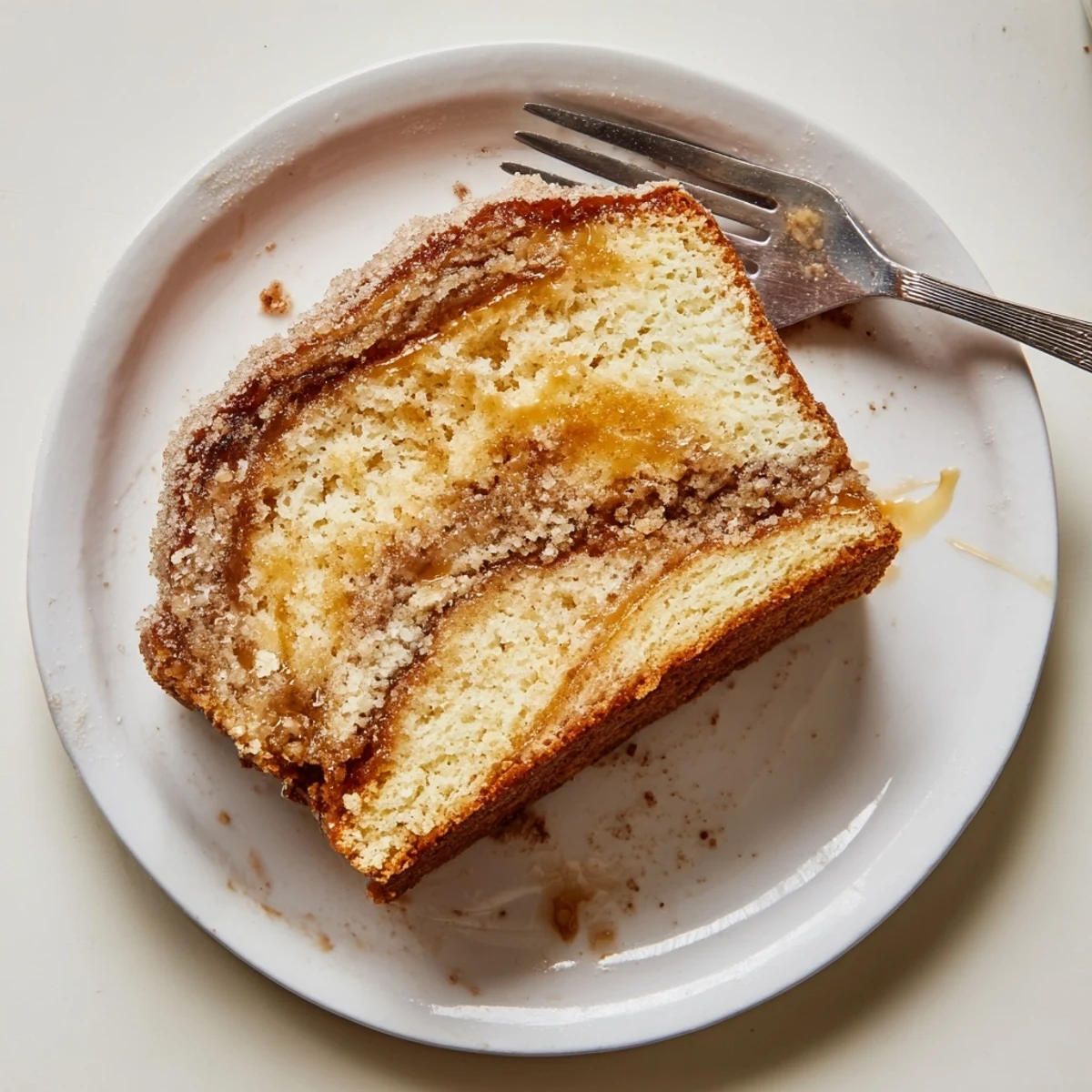 Moist cinnamon donut loaf with swirls of brown sugar on a rustic plate