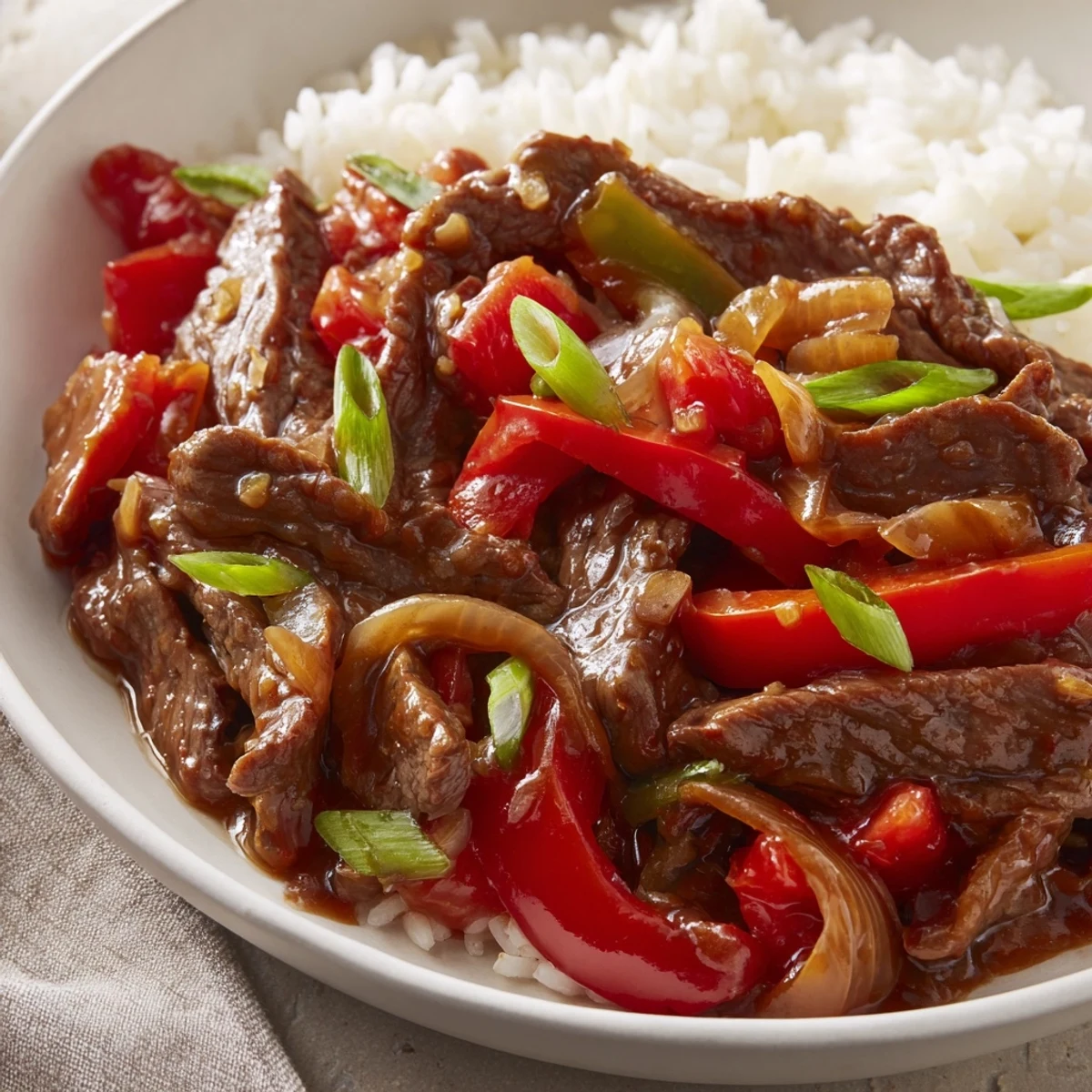 Juicy Slow Cooker Pepper Steak served over white rice and garnished with green onions