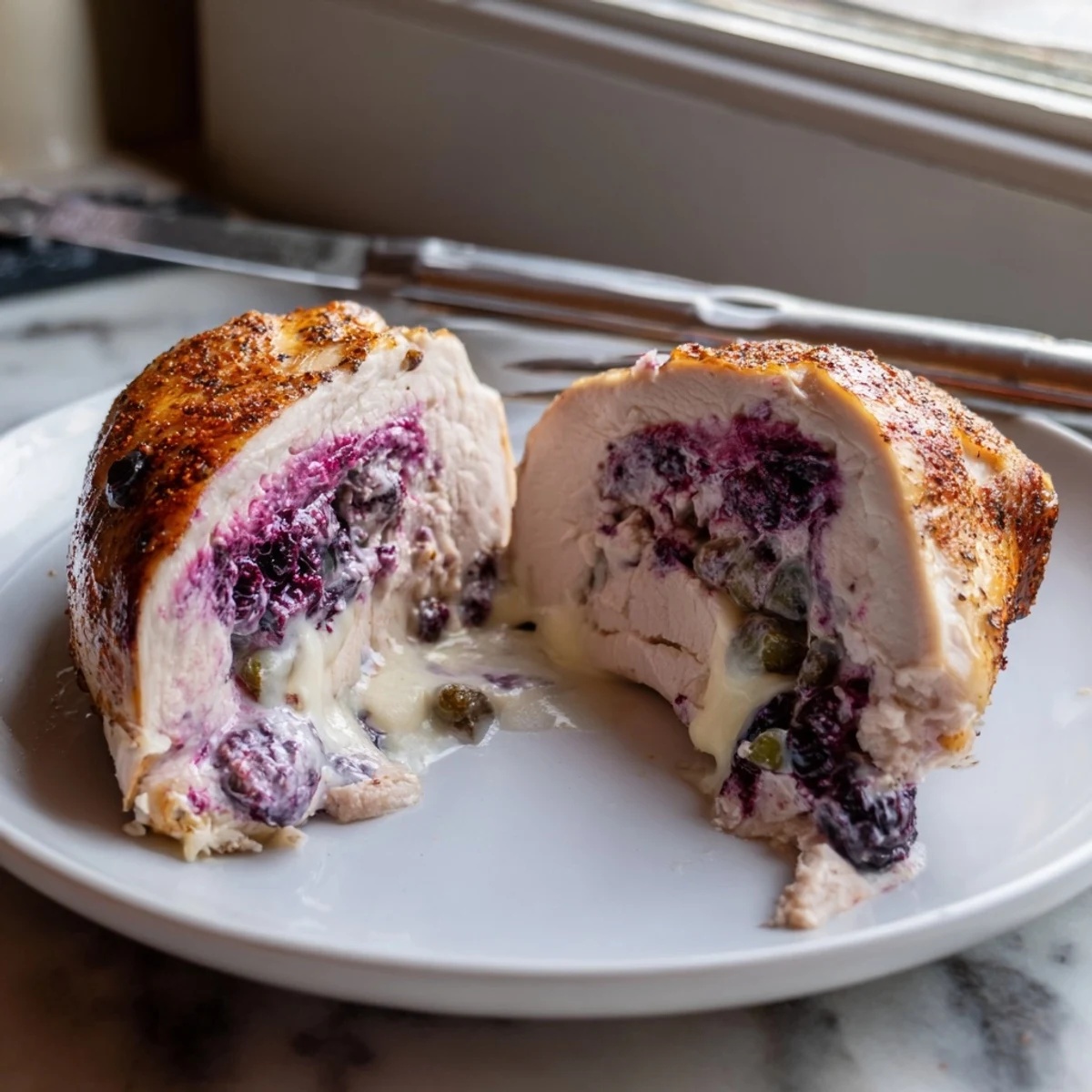 Melty Blackberry Jalapeno Stuffed Chicken with bubbling purple filling oozing from golden seared breast