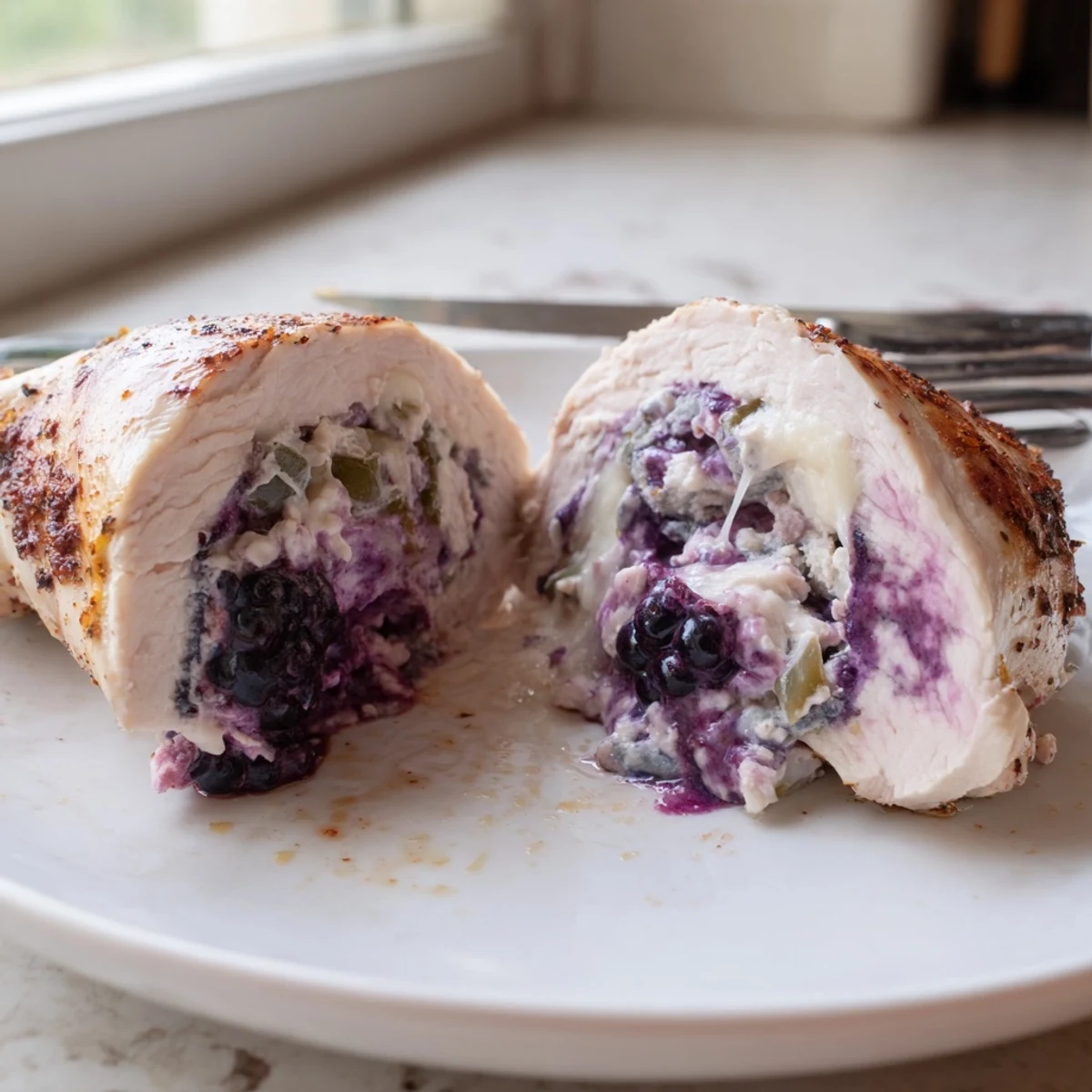 Golden baked Melty Blackberry Jalapeno Stuffed Chicken resting on a rustic white ceramic plate
