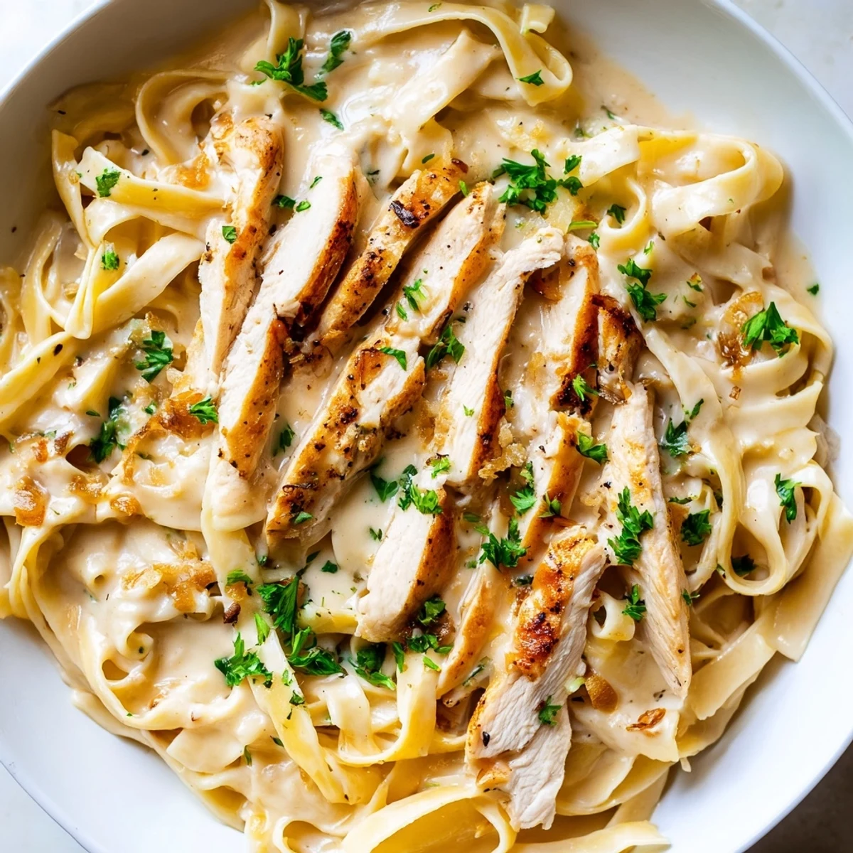 Creamy Garlic Parmesan Chicken Pasta topped with fresh parsley in a rustic skillet