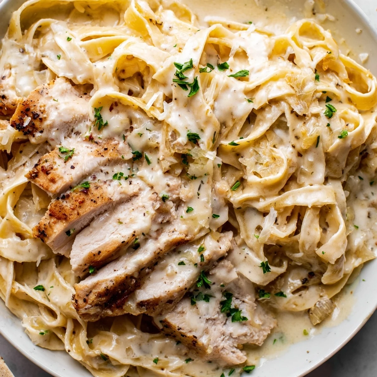 Tender sliced chicken coated in creamy garlic Parmesan sauce over steaming fettuccine noodles