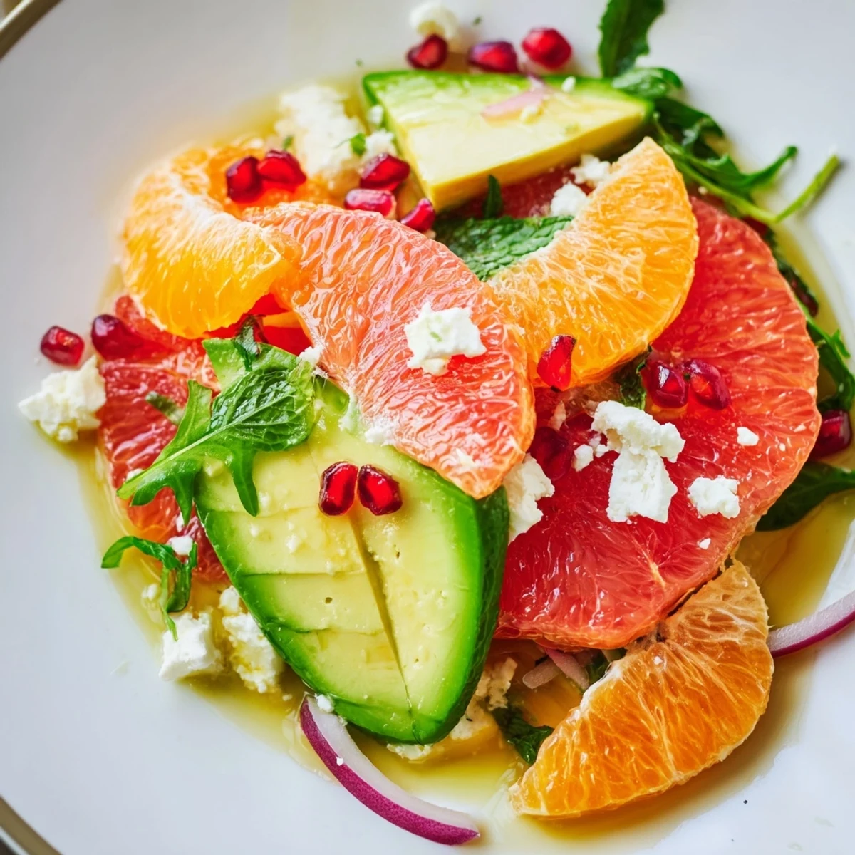 Colorful citrus salad with pomegranate seeds, creamy avocado, and crumbled feta on a platter