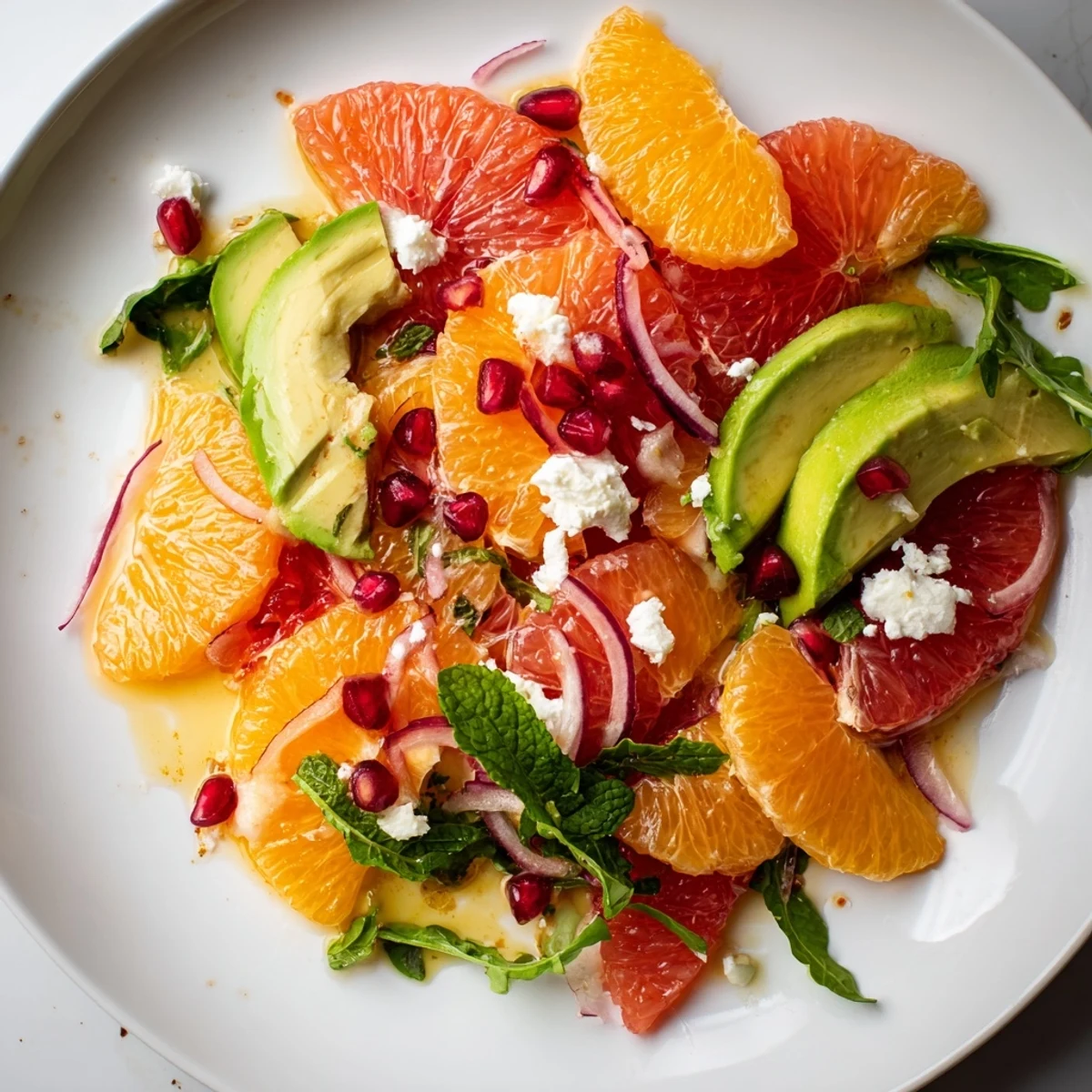 Bright citrus salad topped with ruby pomegranate arils, sliced avocado, and tangy feta cheese