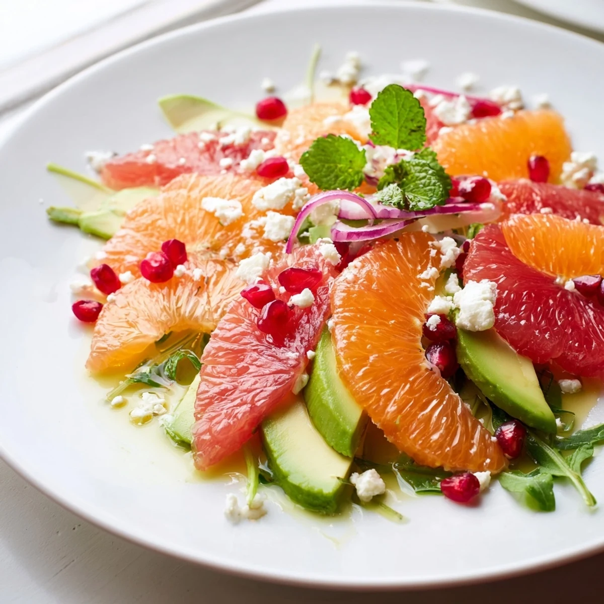 Fresh citrus salad drizzled with lemon dressing, studded with pomegranate jewels and crumbled feta