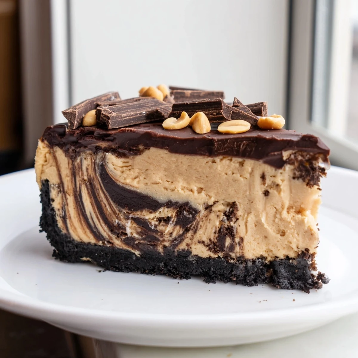 Creamy chocolate peanut butter cheesecake sliced revealing rich swirls of melted dark chocolate and a cookie crust