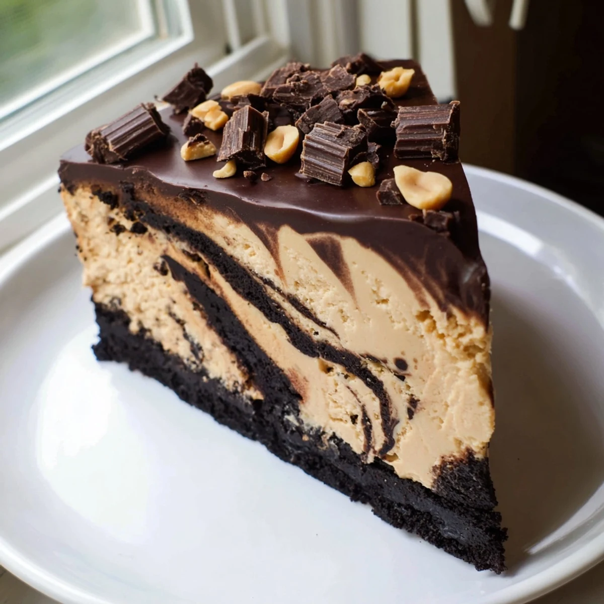 Rich chocolate peanut butter cheesecake topped with glossy ganache drizzle and chopped peanut garnish on a rustic plate
