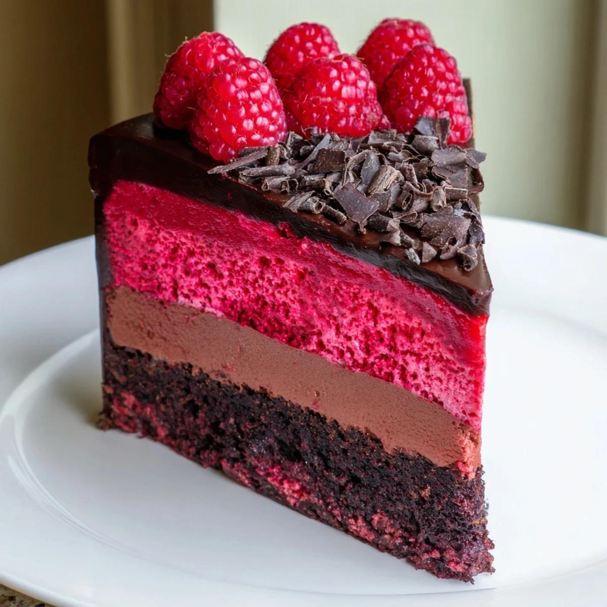 Glossy raspberry chocolate mousse cake sliced to reveal rich, velvety layers