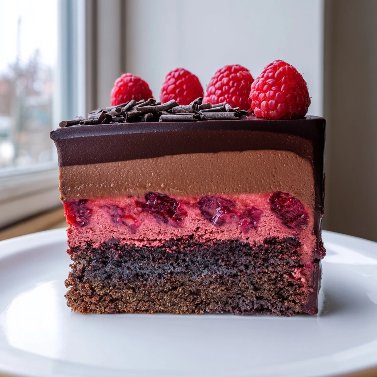 Silky chocolate mousse cake with vibrant raspberry filling draped in glossy ganache