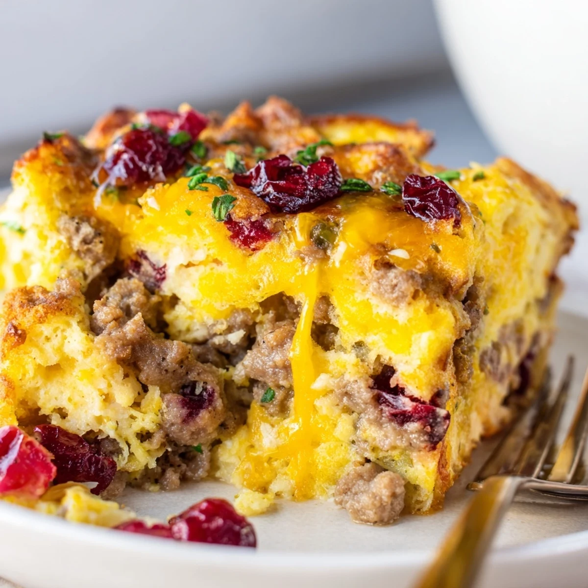 Golden baked cranberry sausage stuffing breakfast casserole with bubbling melted cheddar on top