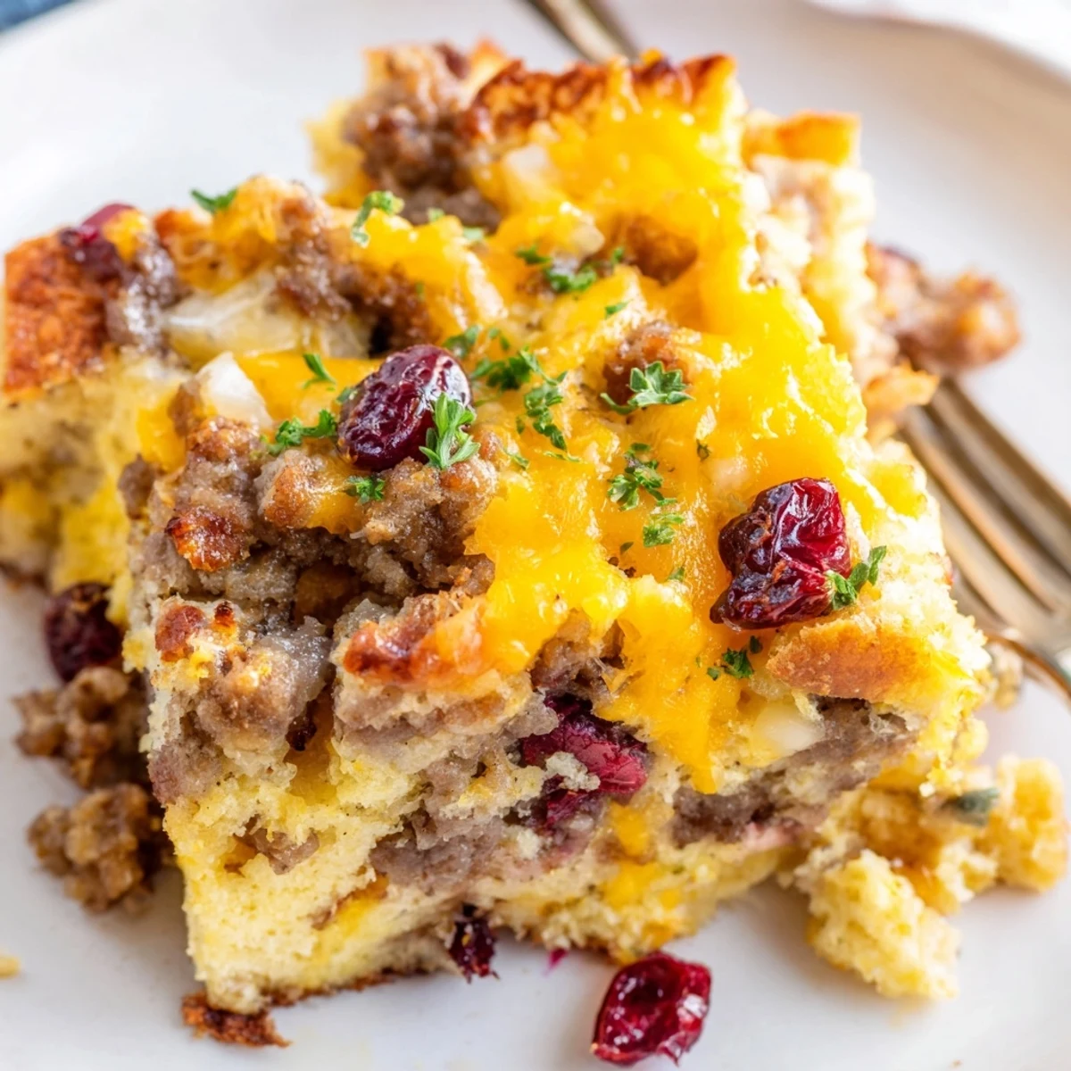 Steaming scoop of cranberry sausage stuffing breakfast casserole on a festive brunch plate