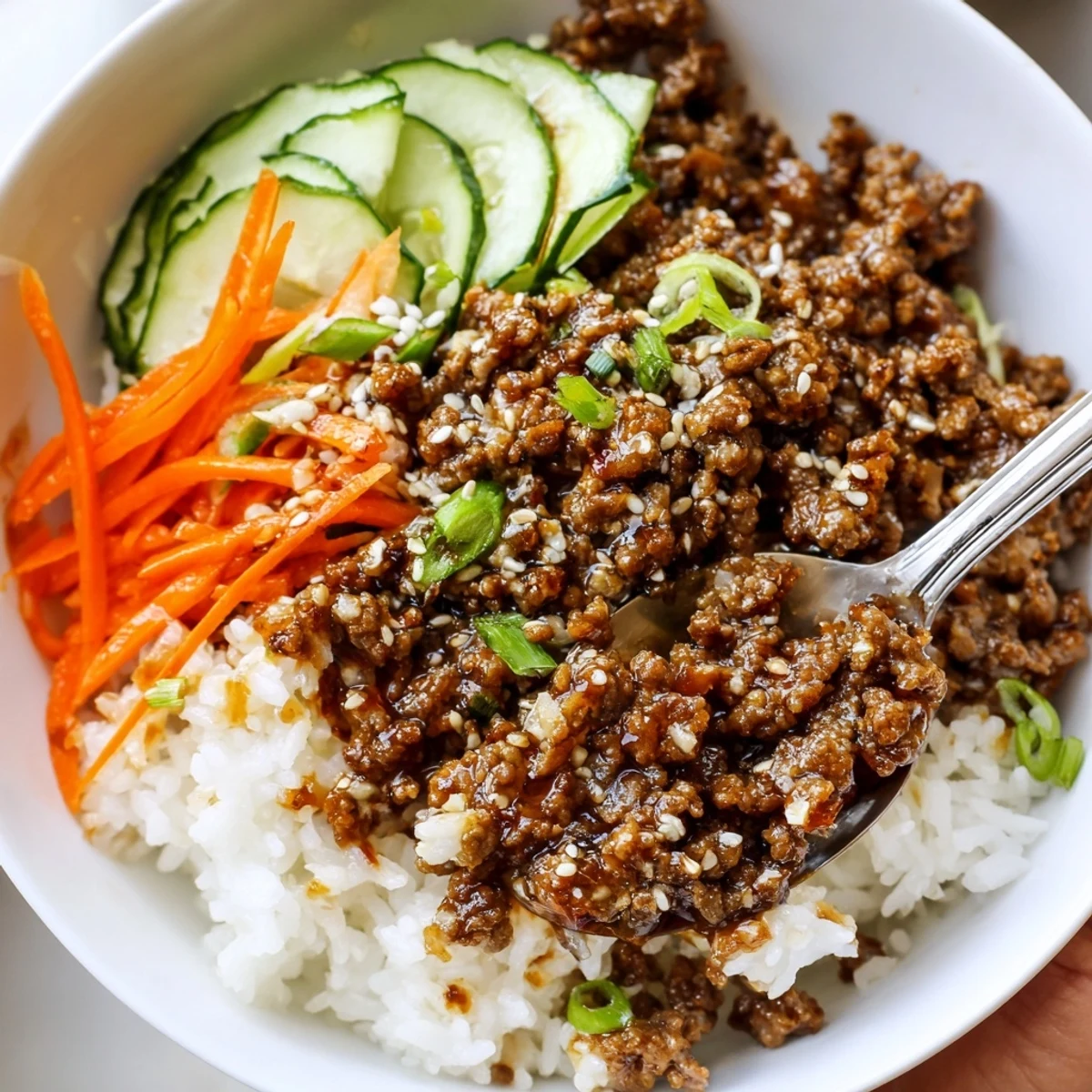 Korean ground beef bowl with glistening sesame-glazed meat over fluffy steamed white rice