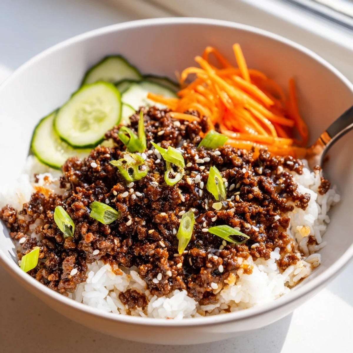 Savory Korean ground beef bowl topped with crisp julienned carrots cucumber and sesame seeds