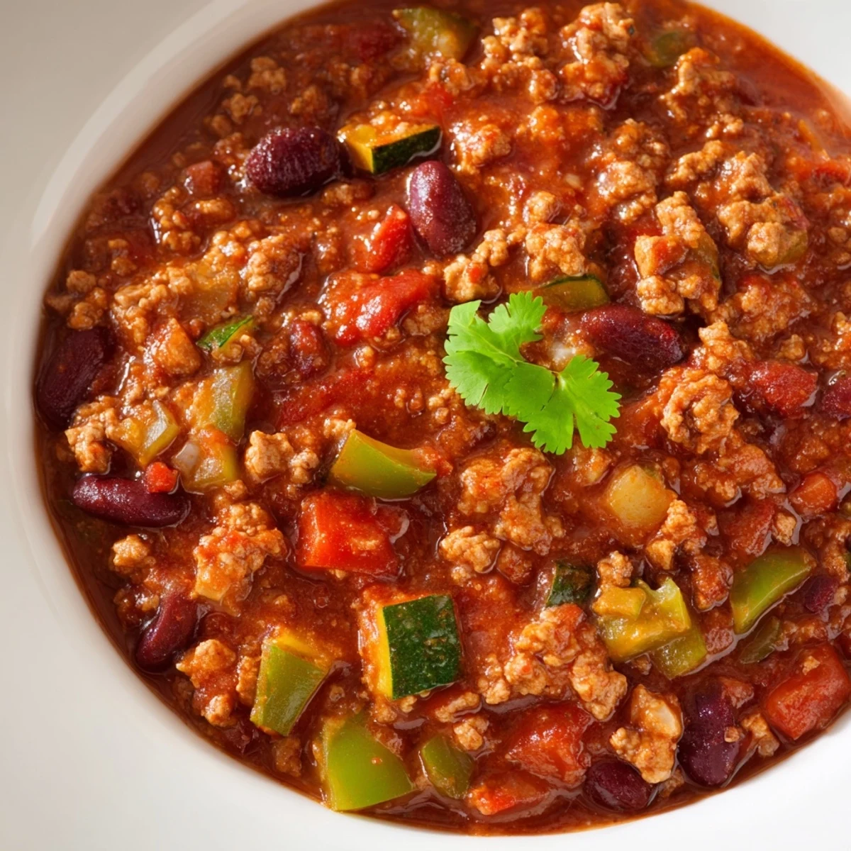 Steaming bowl of diabetic chili recipe topped with fresh cilantro and Greek yogurt
