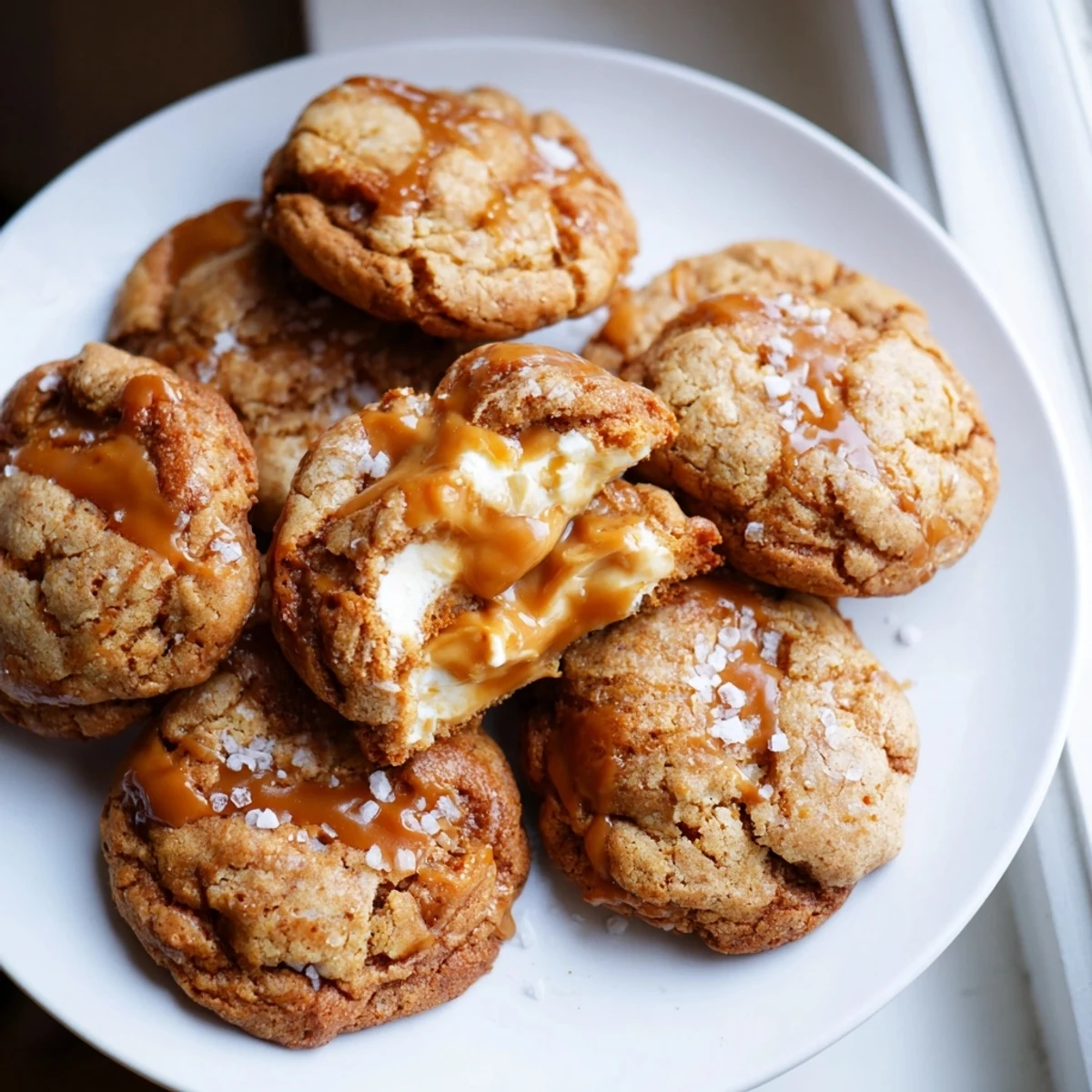 Soft caramel cheesecake cookies with golden edges and creamy centers on a rustic baking sheet