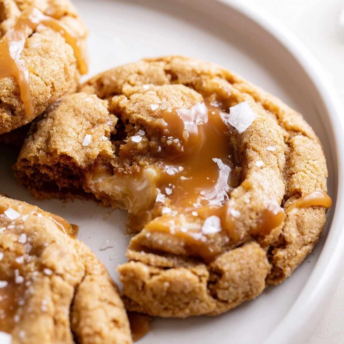 Warm caramel cheesecake cookies drizzled with glossy sauce and sprinkled with flaky sea salt