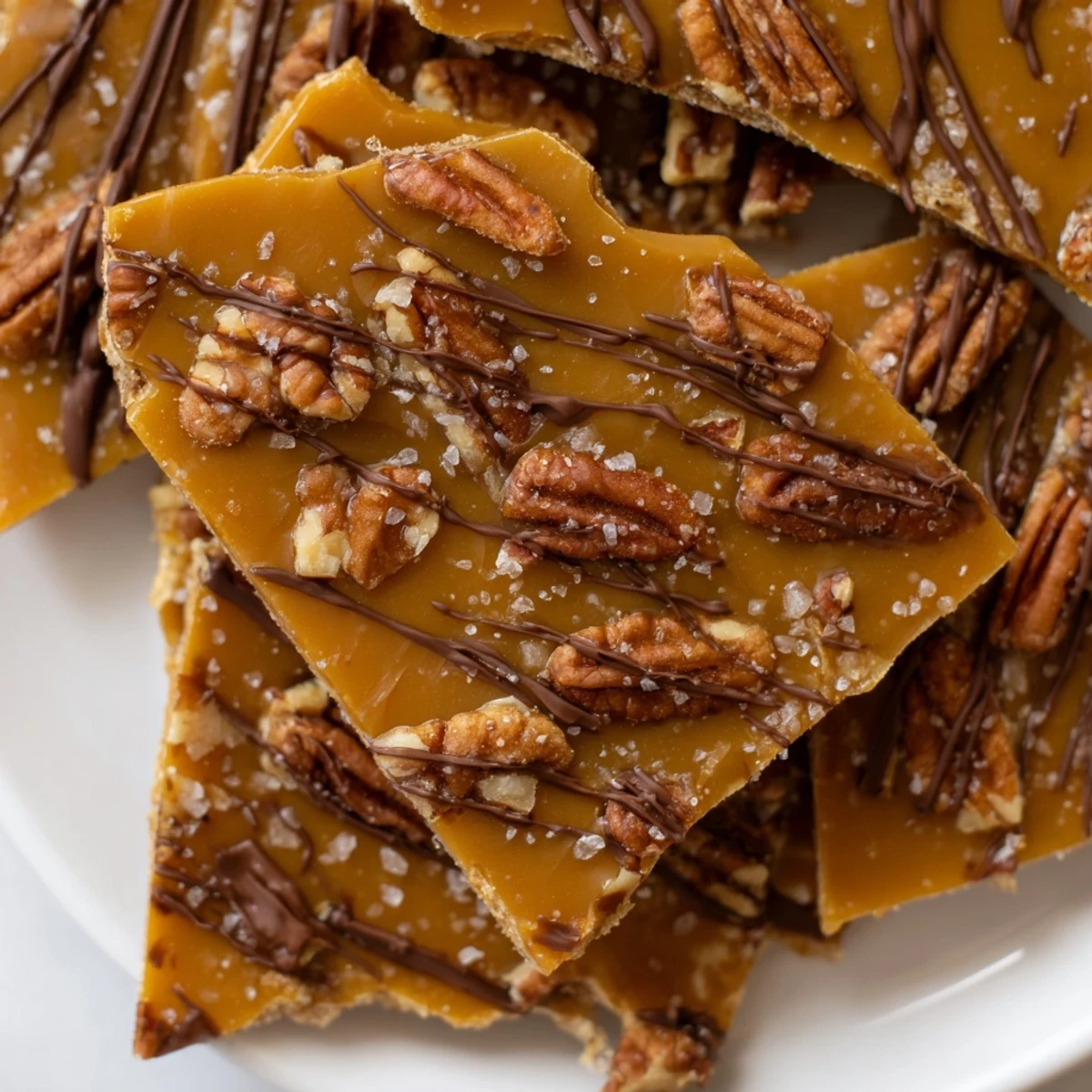 Golden pecan pie bark with caramelized nuts drizzled in rich dark chocolate