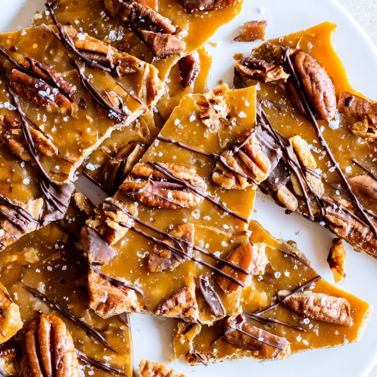 Crunchy pecan pie bark pieces coated in gooey caramel and toasted nuts