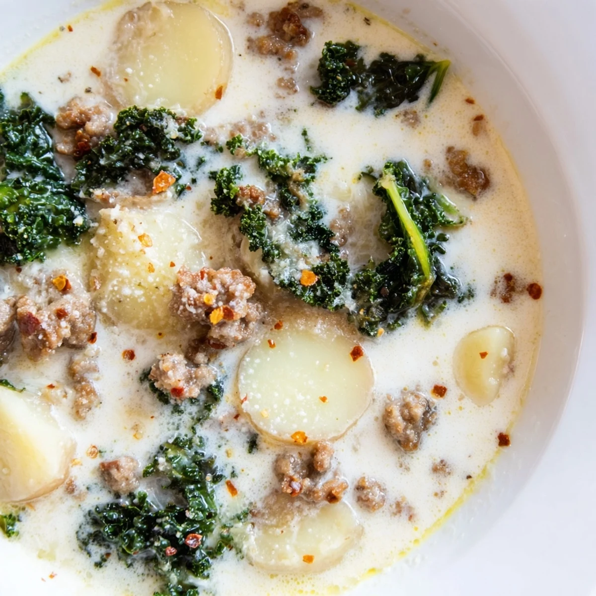 Creamy Zuppa Toscana soup loaded with crumbled sausage, tender potatoes, and wilted fresh kale