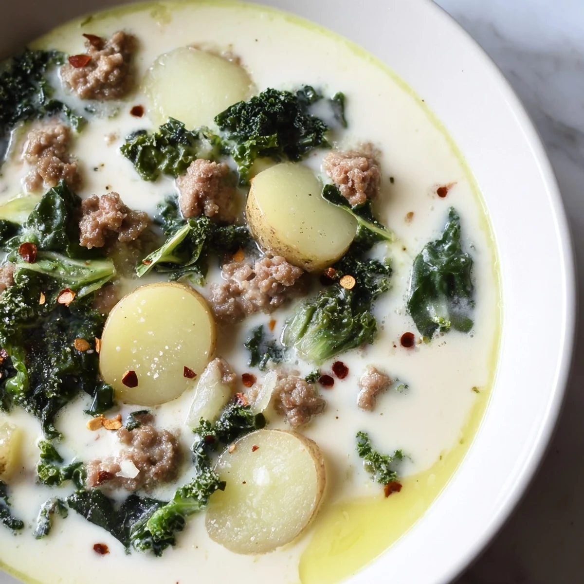 Hearty Zuppa Toscana soup in a rustic bowl garnished with Parmesan and crusty bread