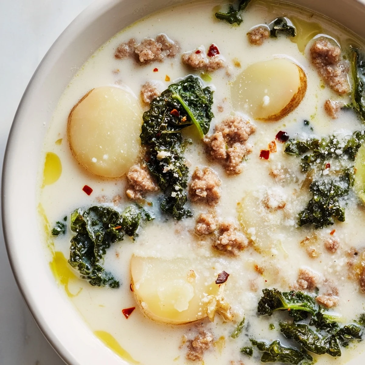 Steaming bowl of Zuppa Toscana soup featuring spicy sausage, sliced potatoes, and velvety cream broth