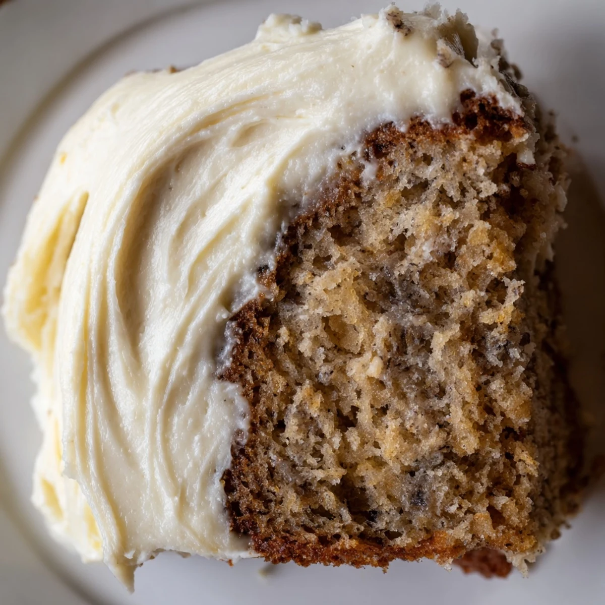 Moist brown butter banana cake topped with swirls of tangy cream cheese frosting ready to serve