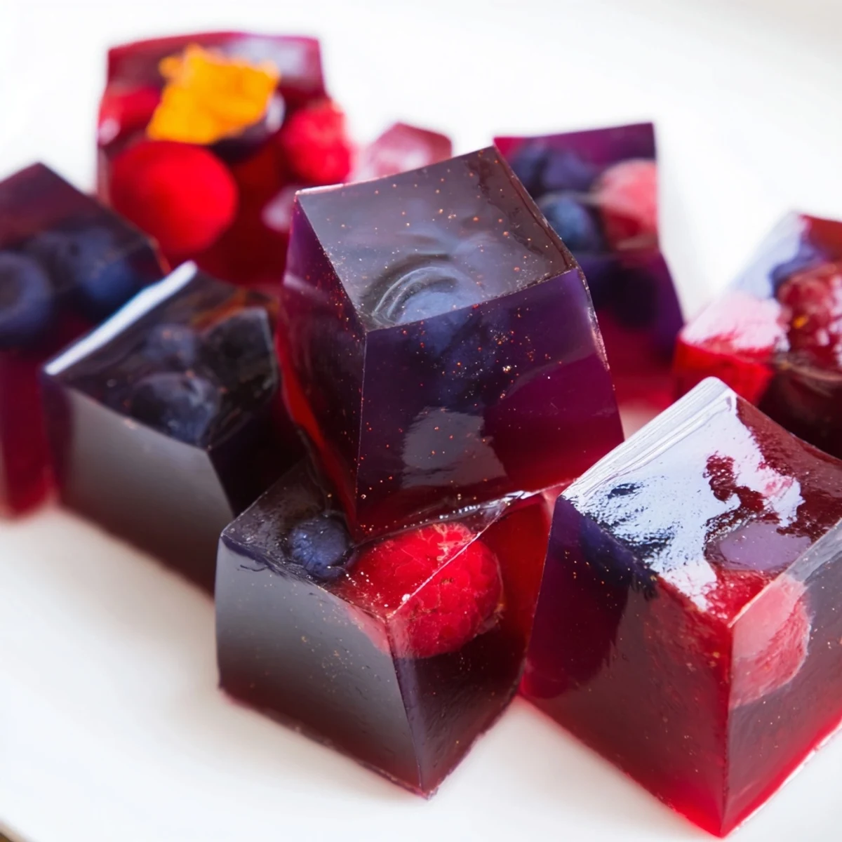 Glistening collagen fruit jellies in vibrant jewel tones, dusted with fresh citrus zest