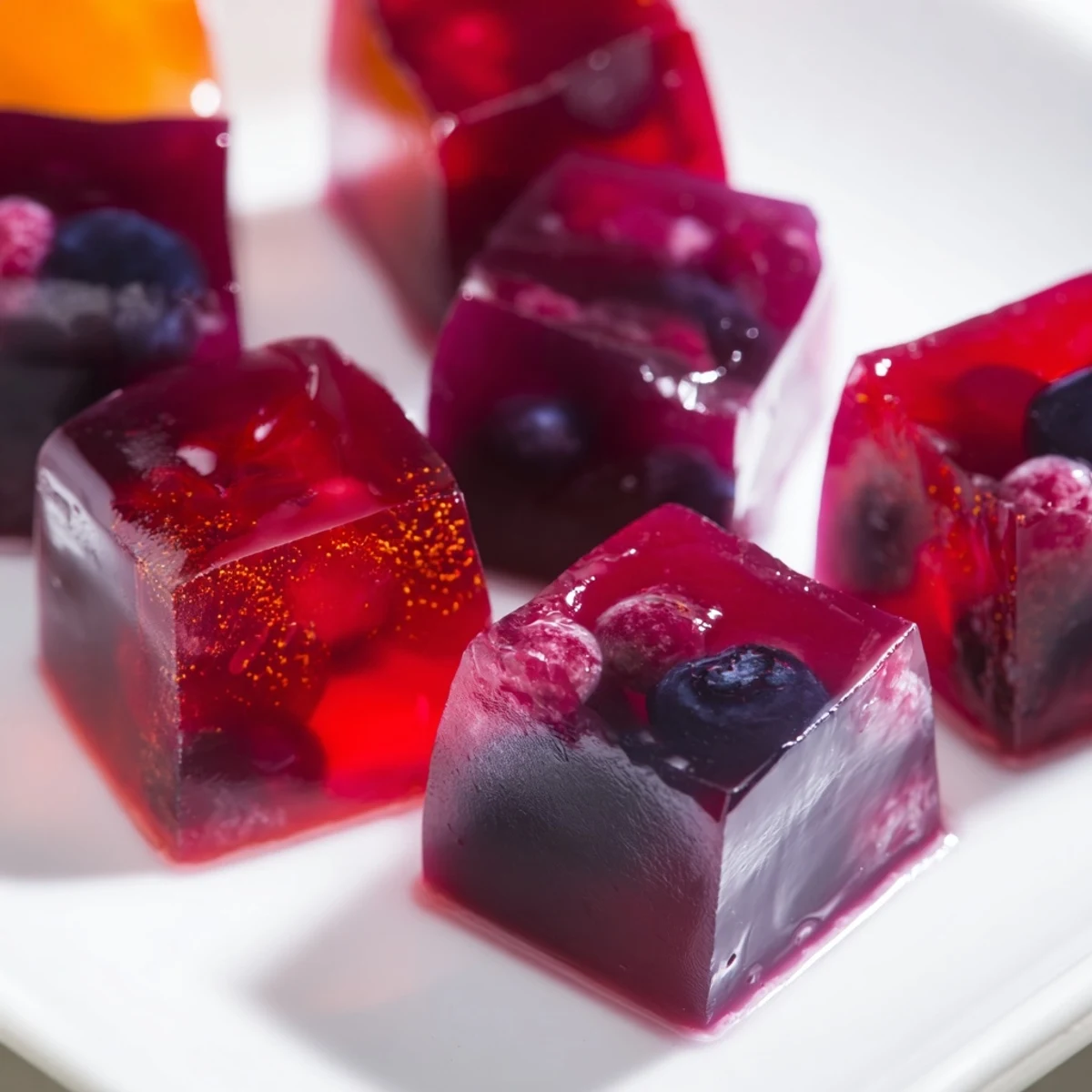 Cube-shaped collagen fruit jellies in a silicone mold, glowing in bright berry hues