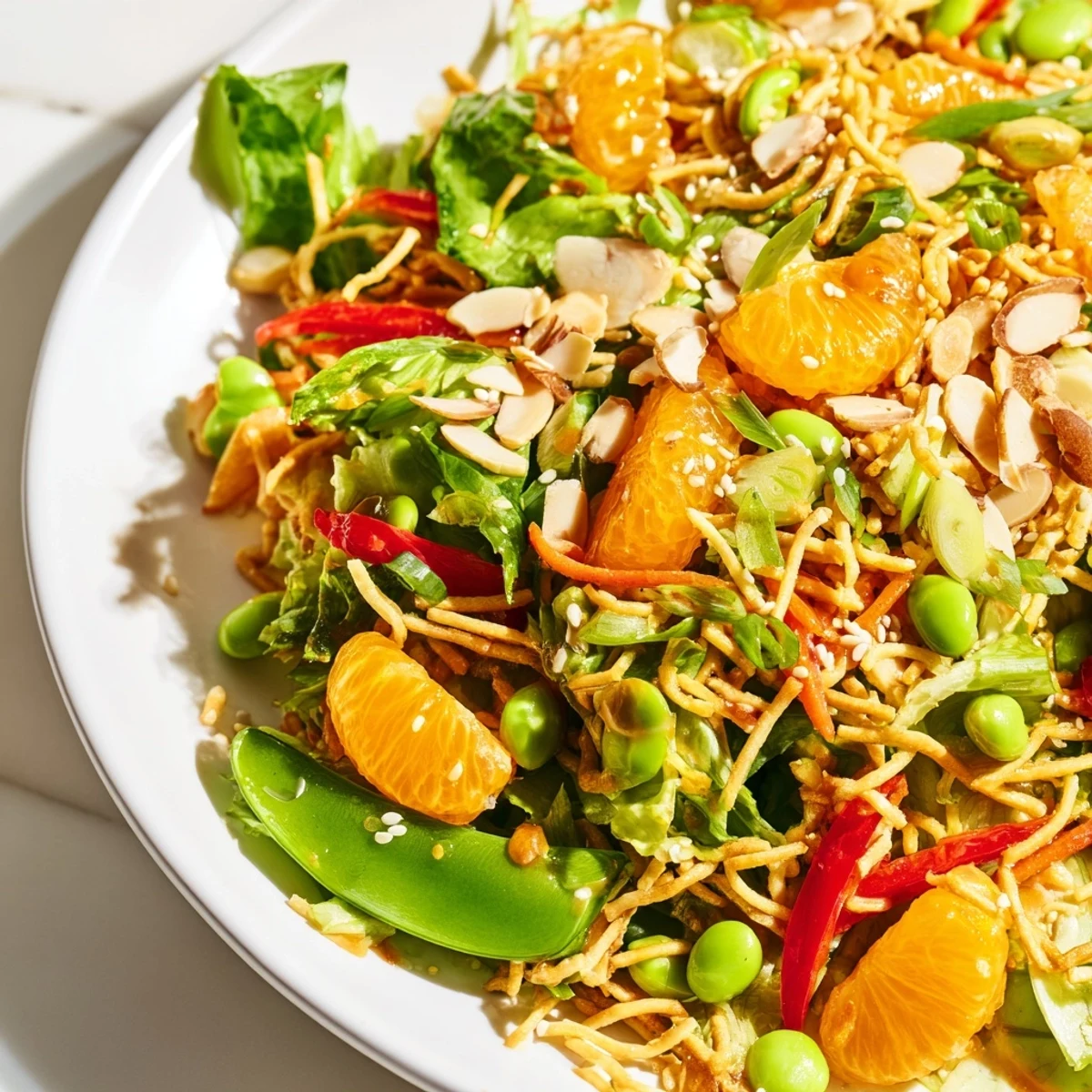 Mandarin Sesame Crunch Salad tossed in tangy sesame dressing with crisp vegetables and noodles
