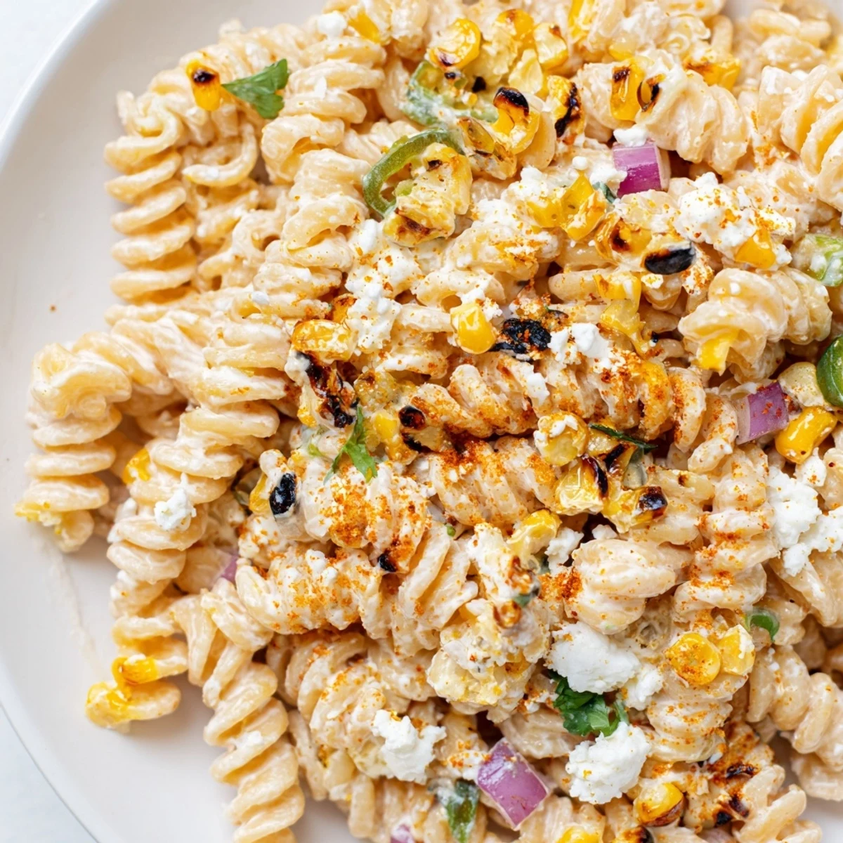 Creamy Elote Street Corn Pasta Salad topped with crumbled cotija and fresh cilantro