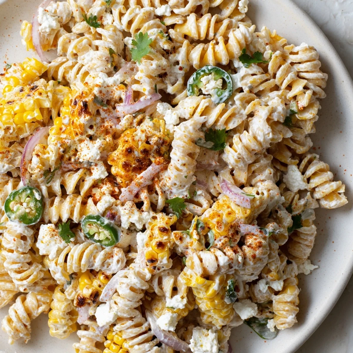 Smoky chili-dusted Elote Street Corn Pasta Salad served in a rustic blue bowl