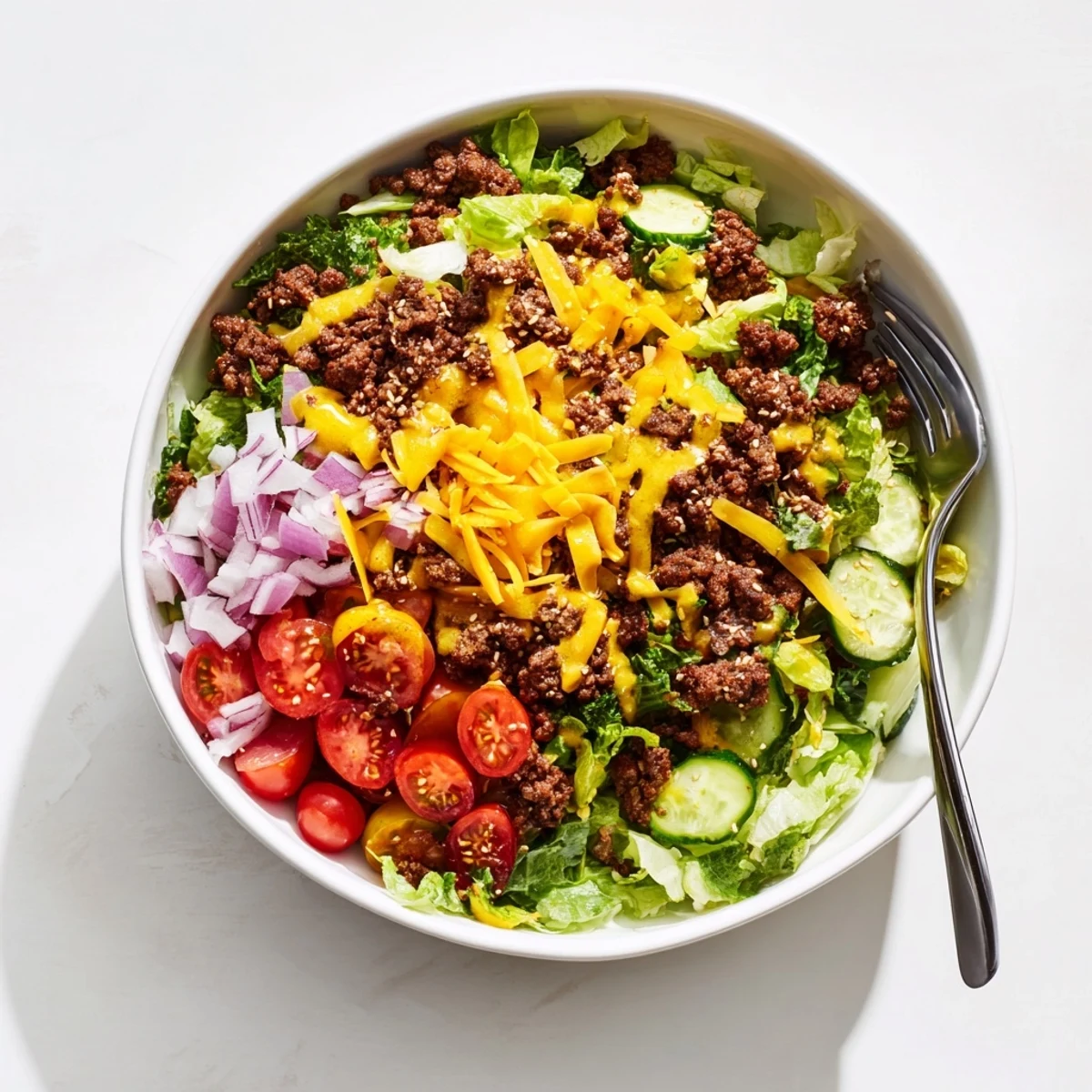 Deconstructed burger bowls feature juicy ground beef topped with melted cheese and fresh greens.
