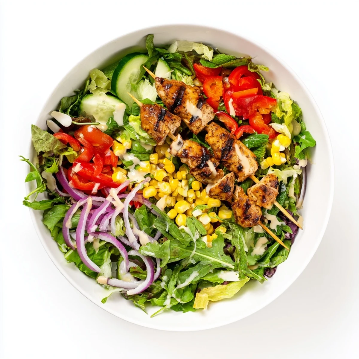 Grilled BBQ chicken skewers resting on a bed of fresh mixed salad greens.