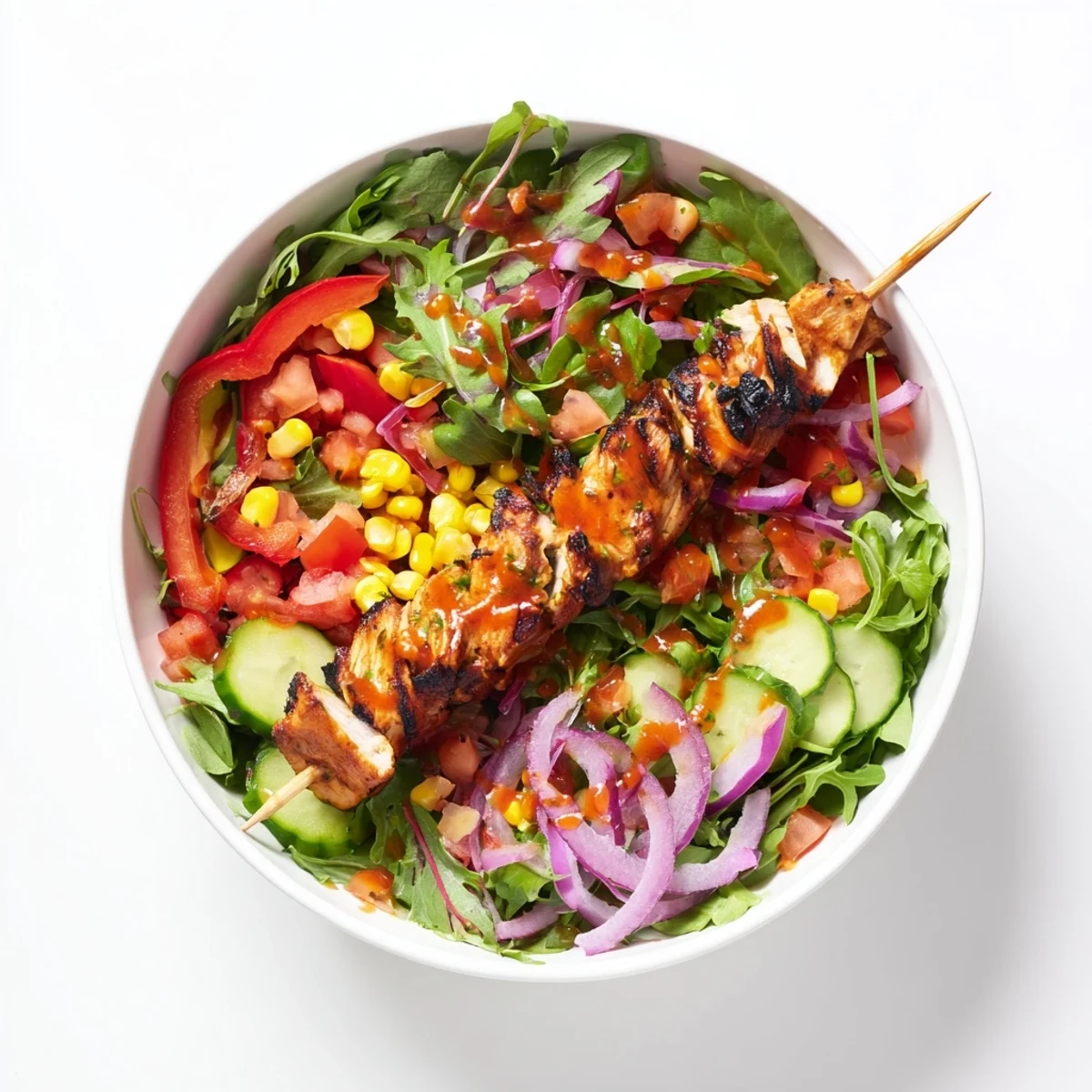 Juicy BBQ chicken skewer salad featuring crisp vegetables and tangy honey mustard dressing.