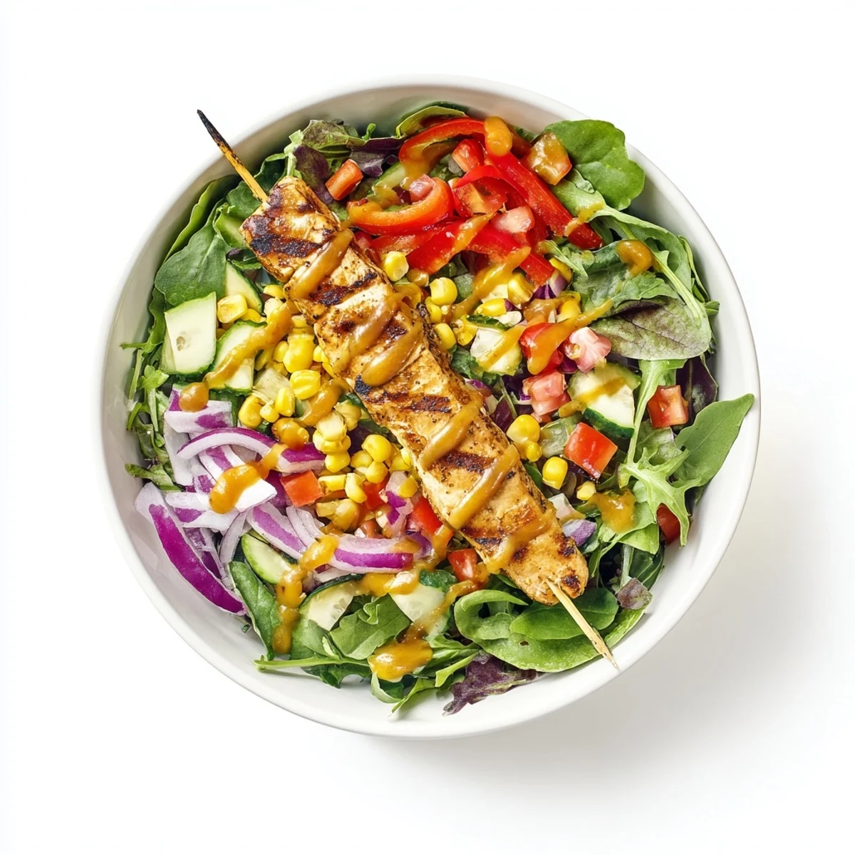 Summer BBQ chicken skewer salad plated with colorful bell peppers and cherry tomatoes.