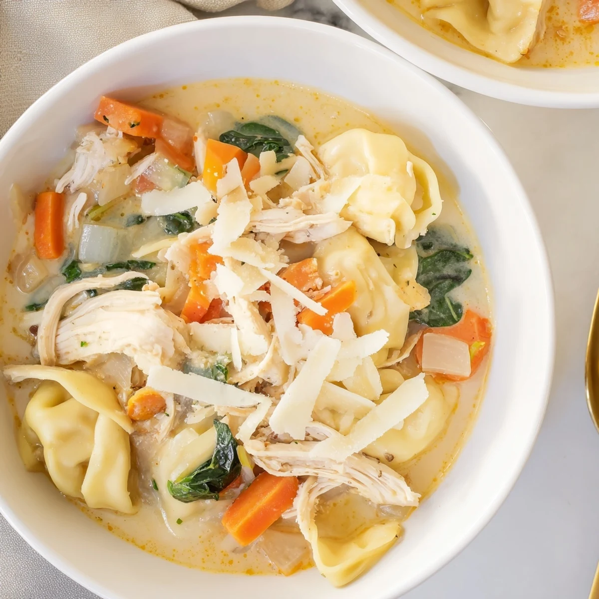 Slow cooker bowl of Chicken Tortellini with shredded chicken, carrots, and spinach