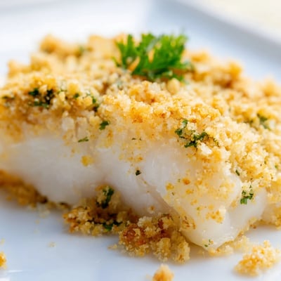 Tender Baked Cod with Cracker Crumb Topping flanked by lemon wedges and parsley on a rustic table.