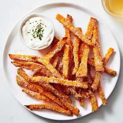 Freshly cooked Crispy Air Fryer Sweet Potato Fries with Dip served hot beside a burger for a classic American lunch.