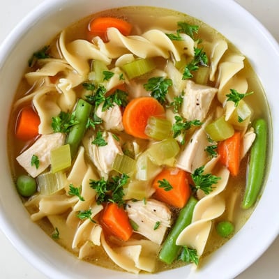 Homemade Chicken Noodle Soup with Mixed Vegetables served in a rustic bowl with a slice of crusty bread on the side.