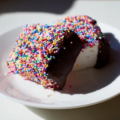 Colorful sprinkles are piled onto rich chocolate-dipped marshmallows, arranged on a white plate.