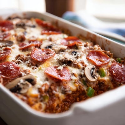 The baked Easy Low Carb Keto Crustless Pizza Casserole showcases browned mozzarella, golden edges, and vibrant green peppers on top.