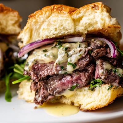 Steak sizzling in a pan, ready to be layered onto toasted buns with creamy cowboy butter for a perfect game day slider.