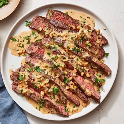 Roasted garlic cloves being whisked into cream sauce beside perfectly seared flank steak, creating a rich aromatic main dish.